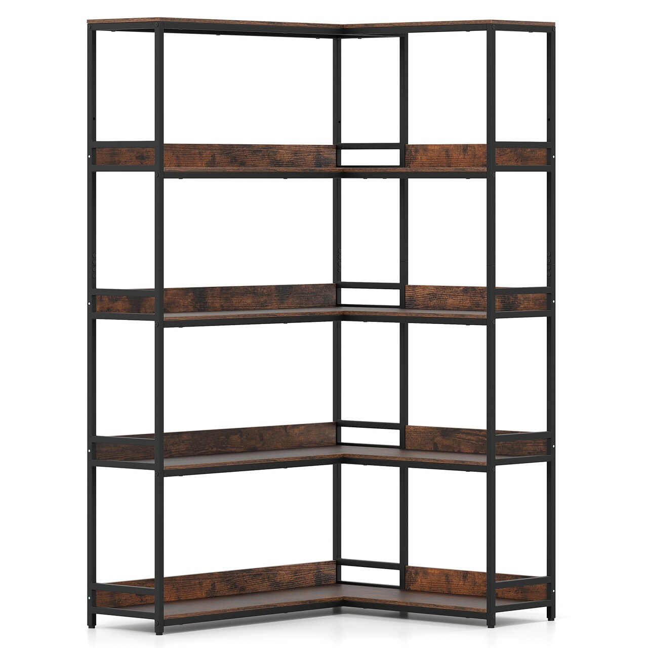 L-Shaped Bookshelf with Metal Frame, 5 Tiers and Anti-Tip Kit